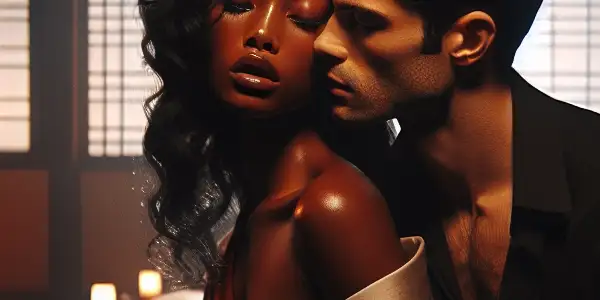 A dimly lit room with two actors expressing passion and longing, blending Japanese and Korean cinematic elements.