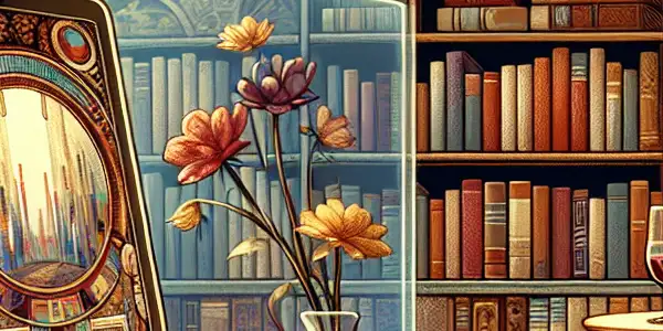 A cozy reading nook filled with colorful erotic novels, a tablet, wine, and a projection of abstract adult film imagery.