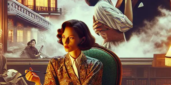 A distinguished author at a vintage desk surrounded by erotic literature, with a romantic film scene in the background.