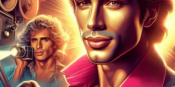 Nina Hartley on a vibrant 1980s film set, surrounded by vintage cameras and elements of adult cinema.