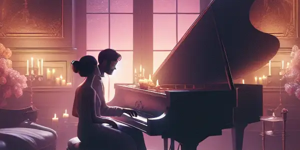 A couple shares an intimate moment in a candlelit piano room, surrounded by music and a starry night.