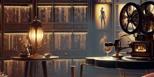 A cozy, dimly lit room showcasing a sophisticated collection of adult film media and decor.