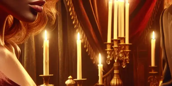 A charismatic man charms a captivated yet suspicious woman in a luxurious, dimly lit room, highlighting allure and deception.