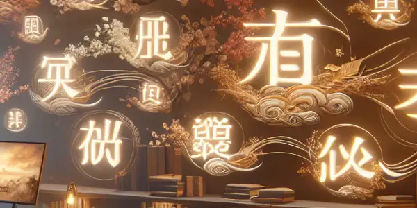 A modern study room with a thoughtful figure analyzing emotional connotations in language, featuring artistic adult film stills and floating words.